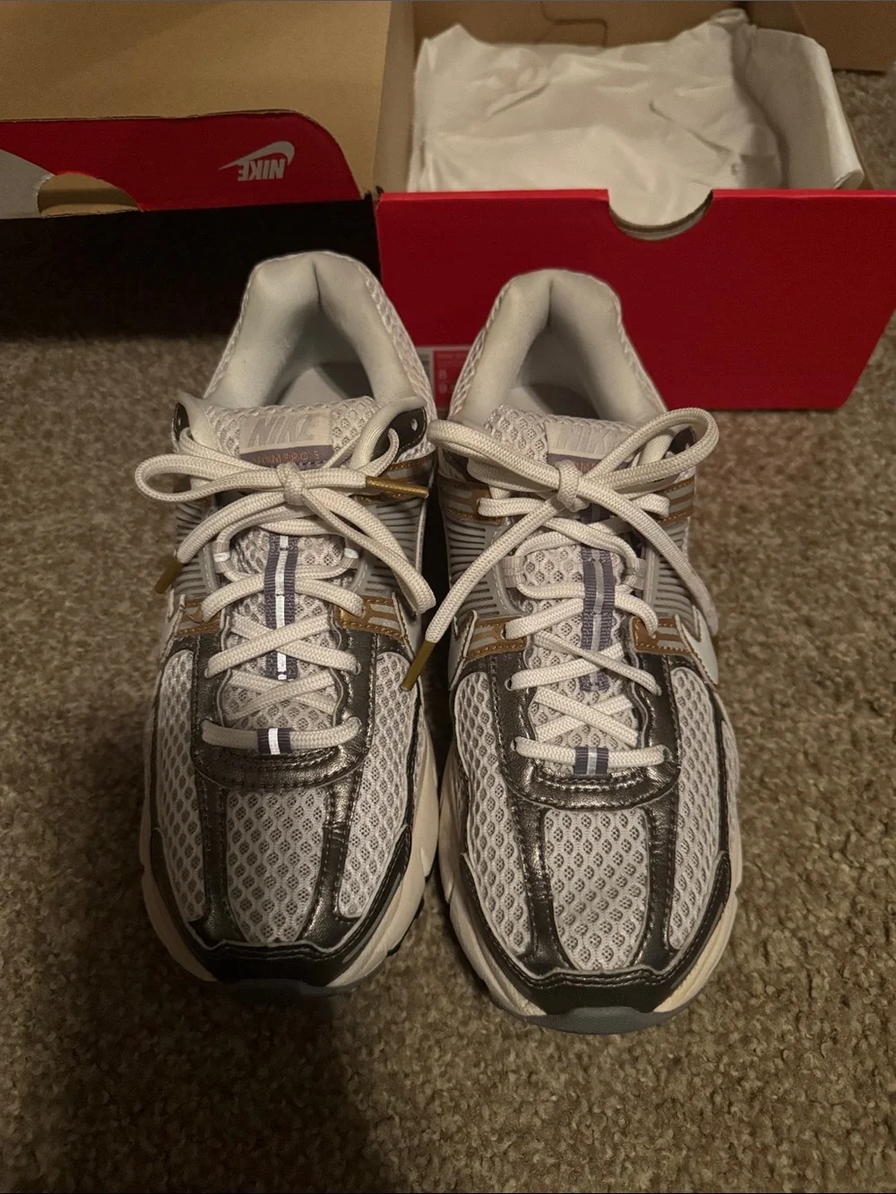 Nike White Sneakers with Silver and Gold Accents